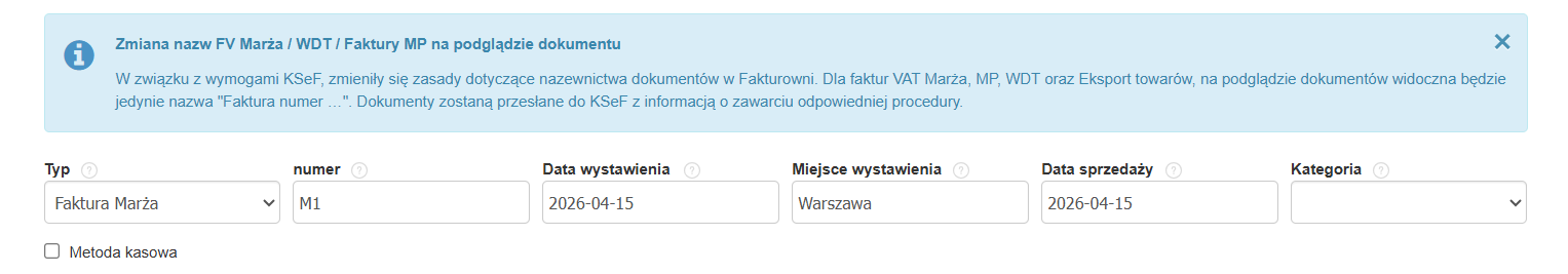 Formularz tworzenia faktury VAT marża z przypisanym systemowym numerem i komunikatem o nazewnictwie w kontekście KSeF.