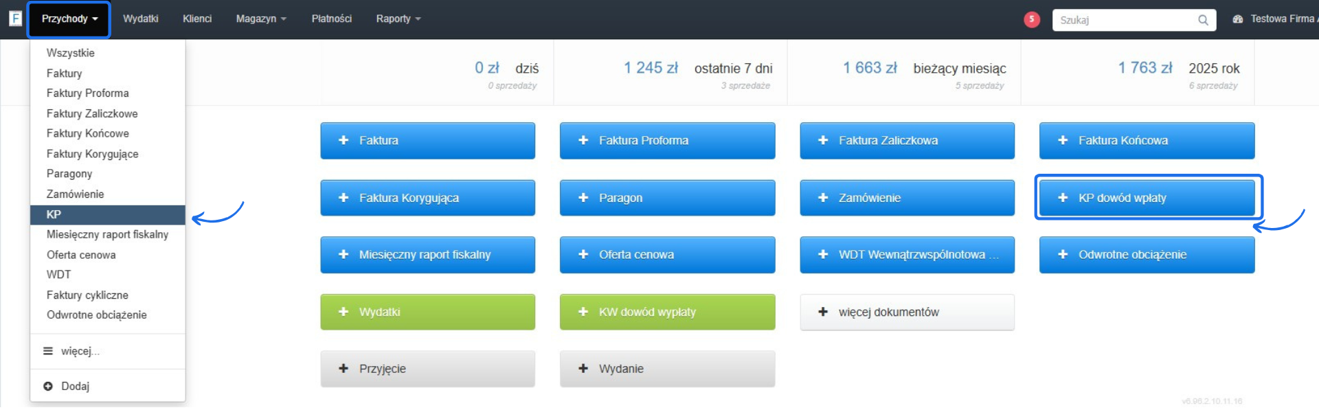 Widok systemu księgowego z wyróżnioną opcją „KP dowód wpłaty” oraz rozwiniętym menu „Przychody” z zaznaczoną sekcją KP.