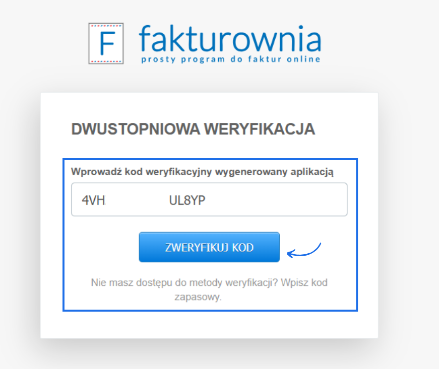 Drugi krok logowania do systemu Fakturownia z opcją podania drugiego elementu: kody weryfikacyjnego z aplikacji, SMS lub kodu zapasowego.