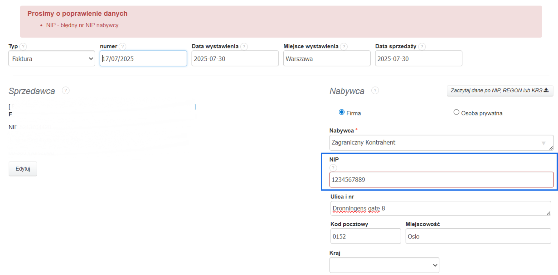 Komunikat błędu przy wystawianiu faktury dla zagranicznego kontrahenta z aktywną na koncie opcją sprawdzania poprawności NIP.