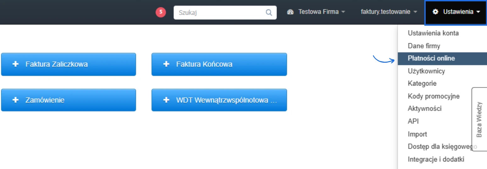 Przycisk „Płatności online” w menu Ustawienia konta – konfiguracja metod płatności bezpośrednio z faktur i zamówień.
