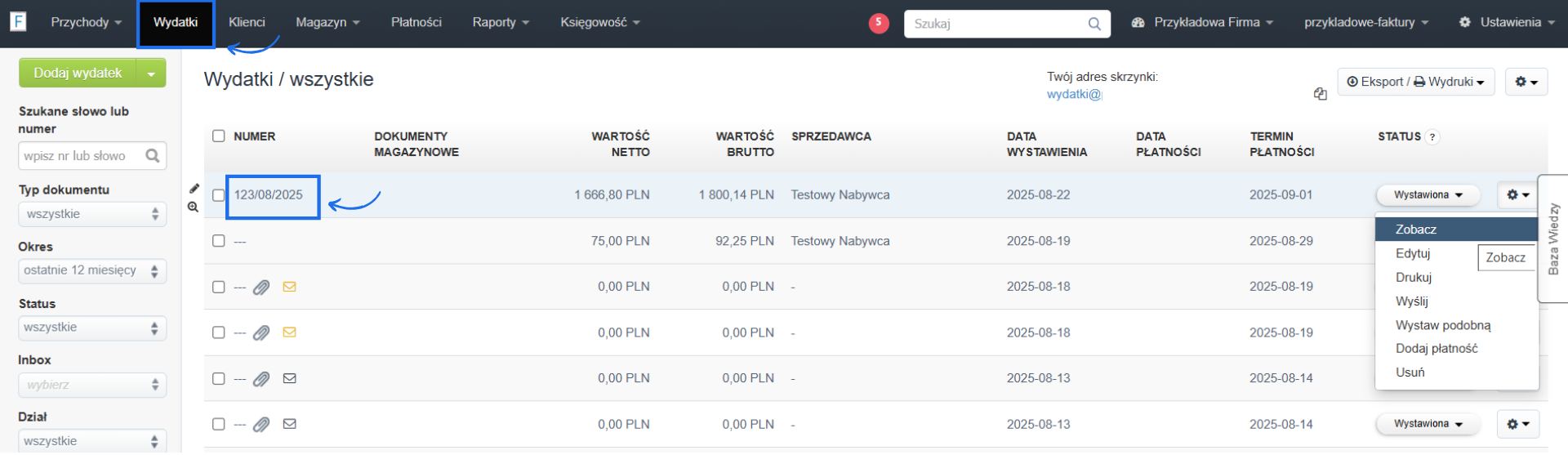 Lista faktur kosztowych w systemie Fakturownia z aktywną zakładką wydatki oraz aktywną opcją przejścia do podglądu wybranej faktury kosztowej.