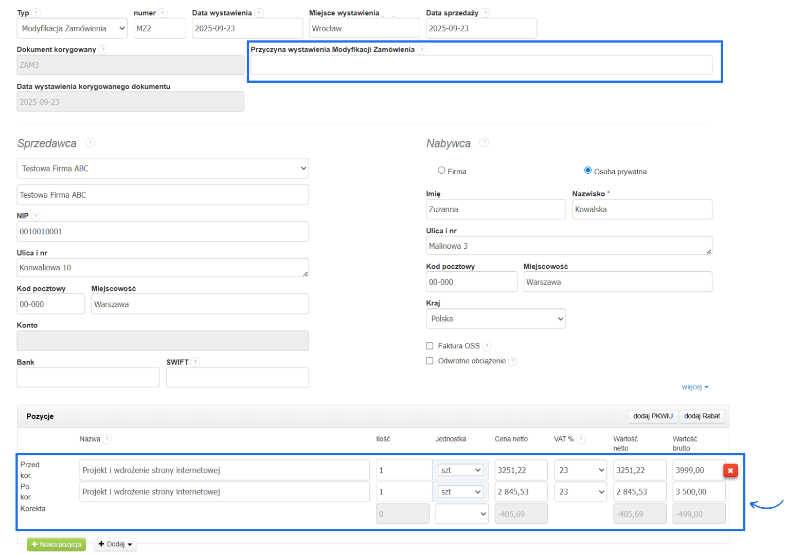 Formularz tworzenia dokumentu Modyfikacja zamówienia z możliwością skorygowania pierwotnej wartości zamówienia.