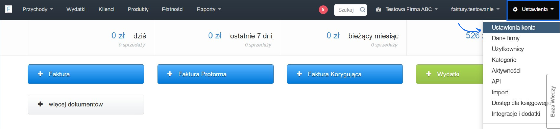 Aktywna zakładka ustawień z możliwością przejścia do ustawień i konfiguracji konta w systemie do wystawiania faktur.