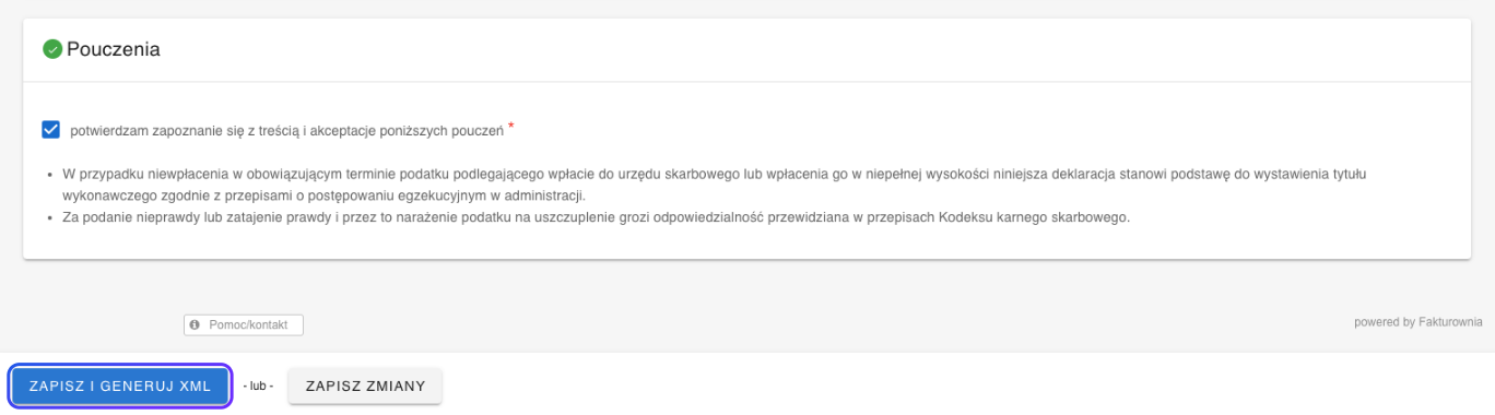 Formularz z pouczeniami do zatwierdzenia by móc wygenerować plik XML, opcje zapisania i generowania pliku XML oraz zapisania zmian w systemie Fakturownia.