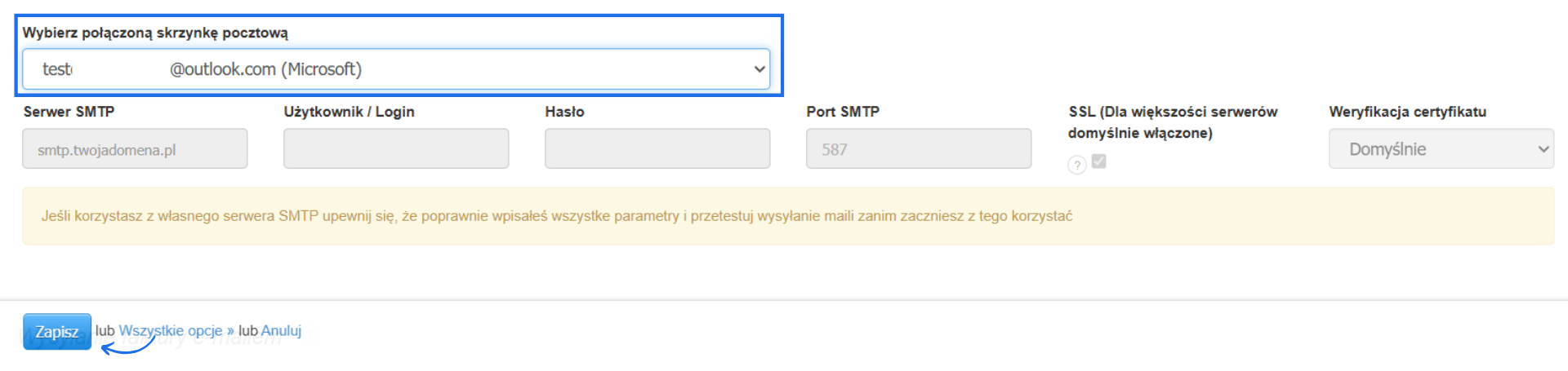 Wybrana skrzynka Microsoft do wysyłki przez własną skrzynkę pocztową w ustawieniach wysyłki w Fakturowni.