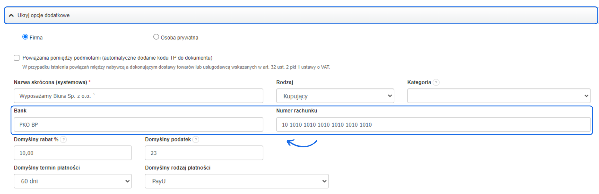 Szczegółowe informacje w karcie klienta w tym pola dotyczące domyślnego rabatu i podatku oraz banku i numeru konta bankowego.
