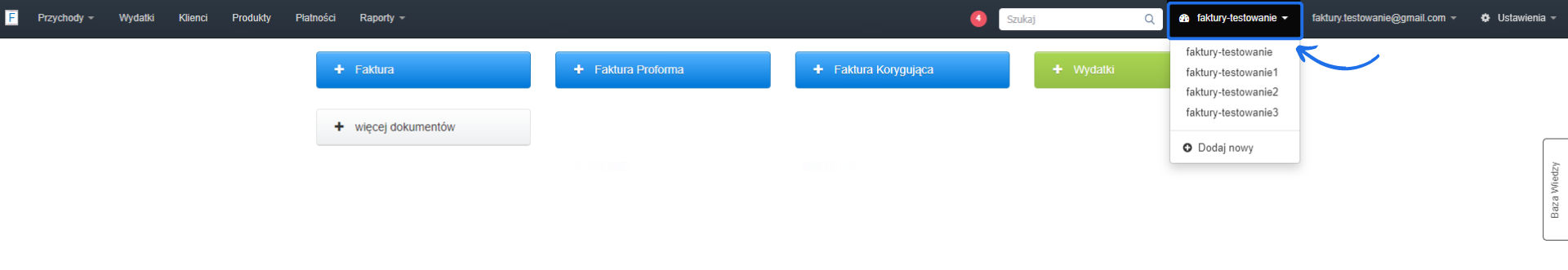 Ekran aplikacji do fakturowania z rozwijanym menu do przełączania między kontami firmowymi, z widocznymi opcjami różnych kont, w tym faktury-testowanie