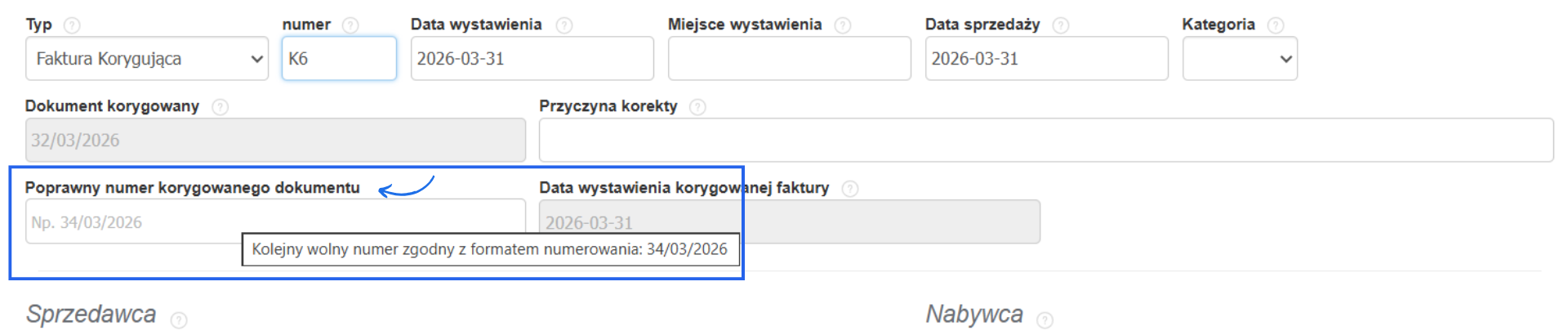 Pole poprawny numer korygowanego dokumentu w formularzu tworzenia faktury korygującej.