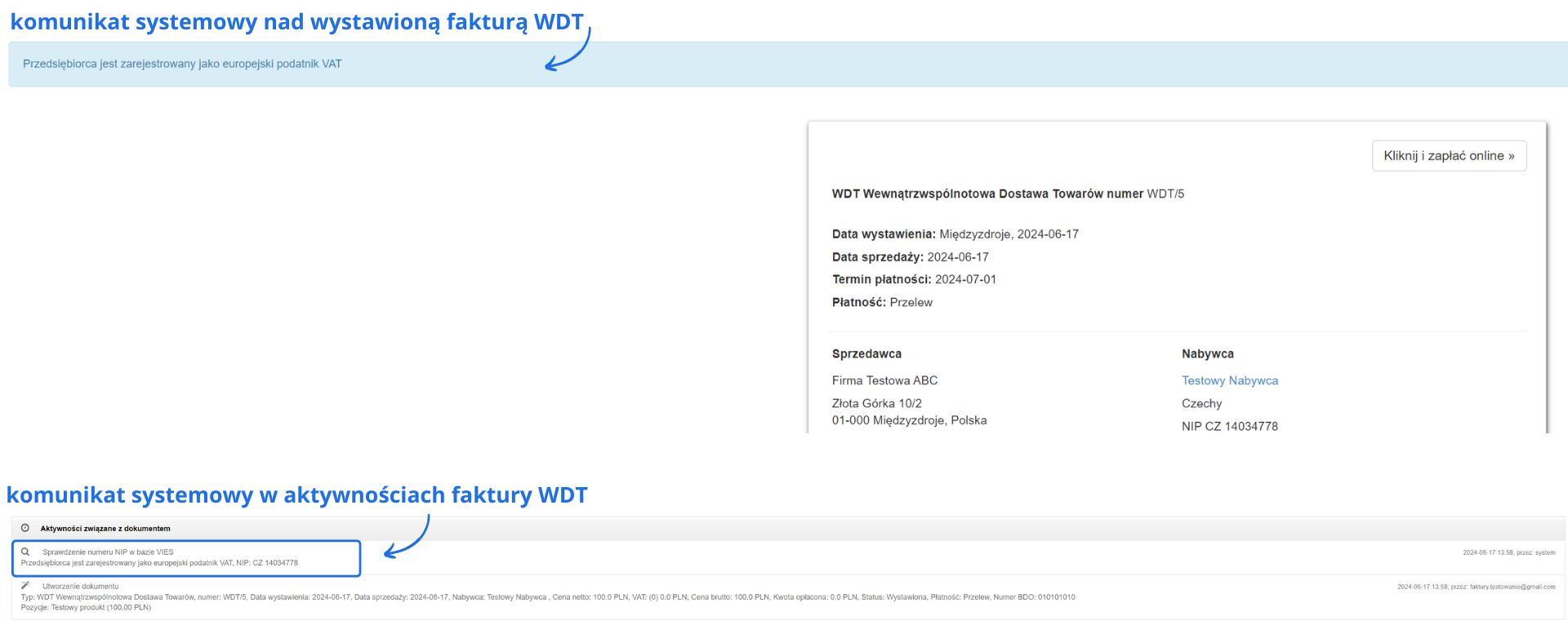 Komunikat systemowy potwierdzający rejestrację podatnika VAT w systemie VIES nad fakturą WDT. Aktywności związane z dokumentem.