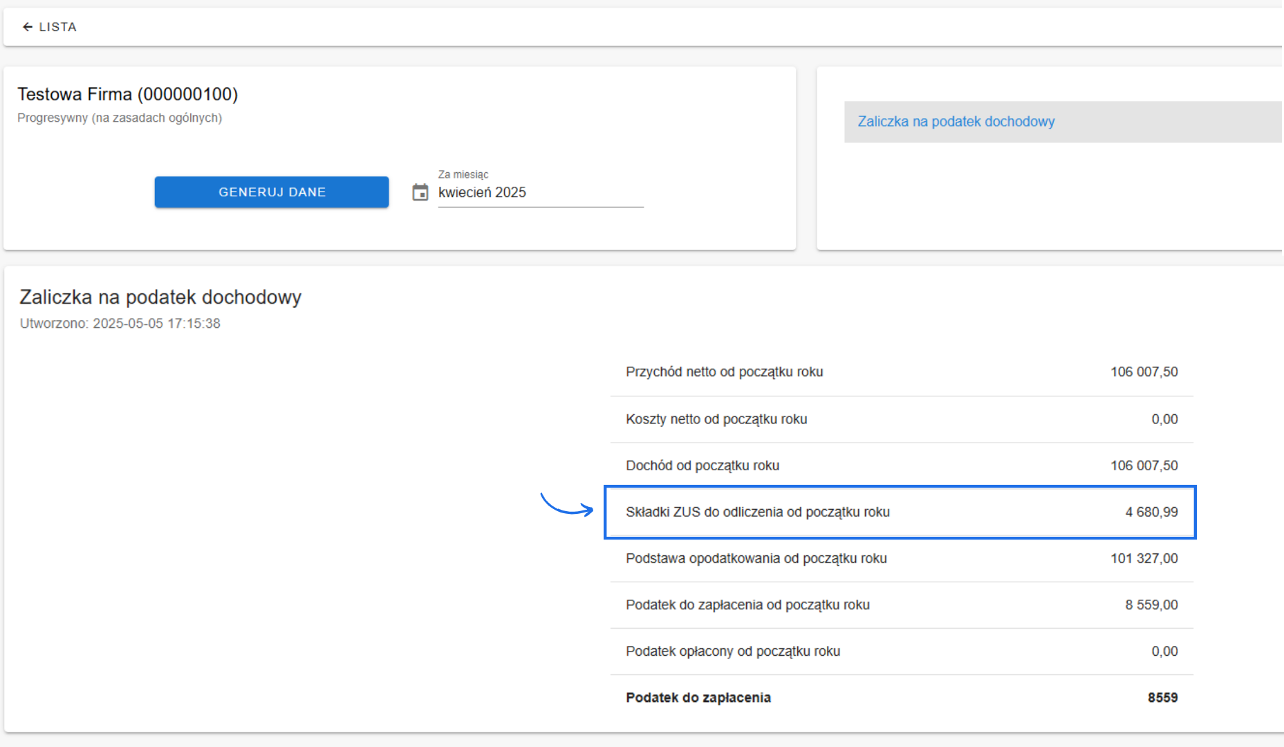 Zaliczka na PIT – składki ZUS do odliczenia od początku roku wynoszą 4680,99 zł w systemie Fakturownia dla Testowa Firma, kwiecień 2025.