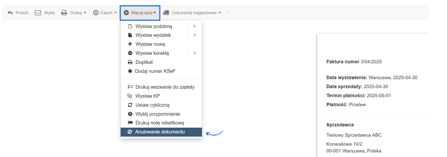 Widok anulowania faktury w systemie — rozwinięte menu „Więcej opcji” z zaznaczoną opcją „Anulowanie dokumentu” dla faktury nr 3/04/2025.