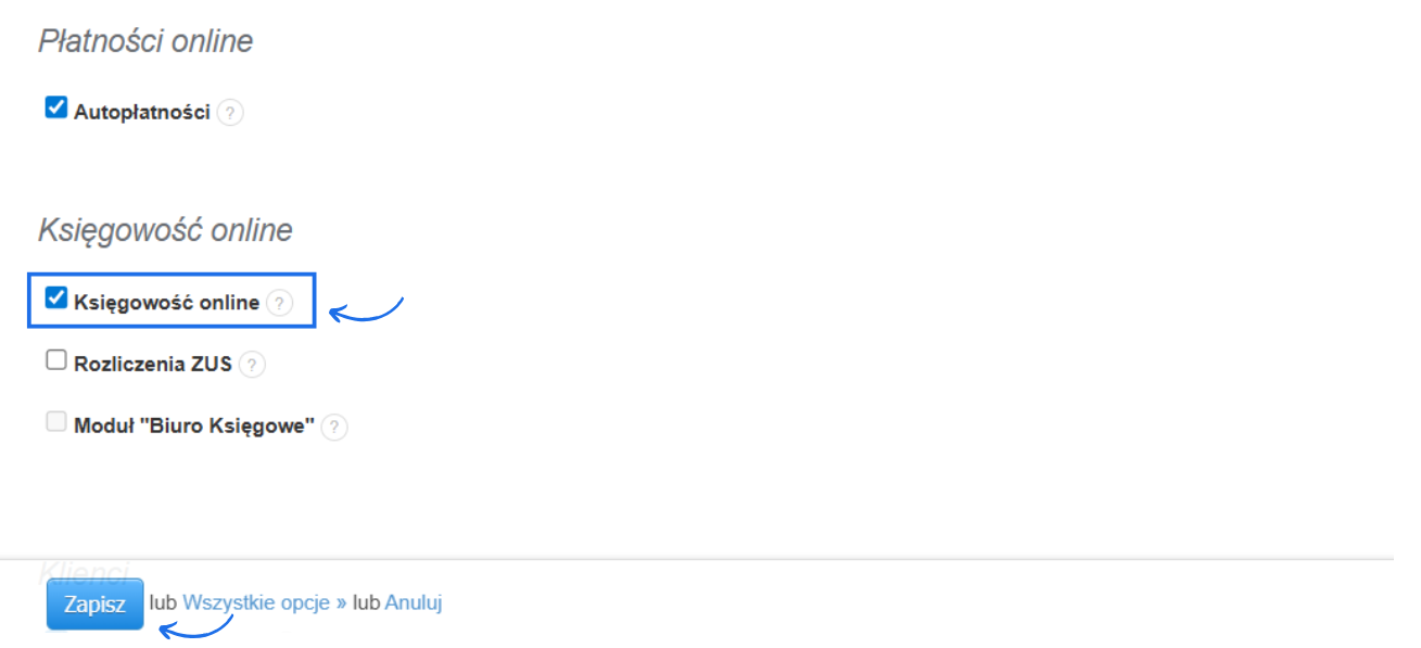 Lista ustawień ogólnych konta w systemie Fakturownia z sekcją księgowość online i aktywną opcją księgowość online, która daje dostęp do określania rodzaju wydatków i raportów.