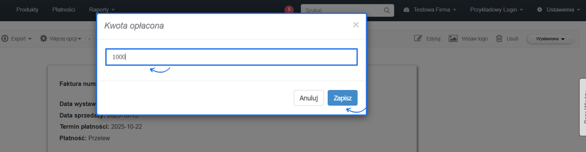 Okno systemowe do dodania płatności w celu zmiany statusu faktury z wystawiona na częściowo opłacona.