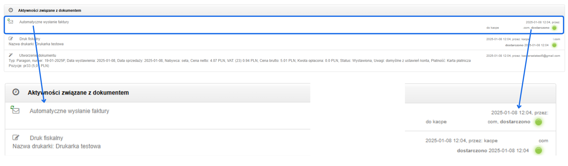 Aktywności związane z dokumentem w systemie Fakturownia, w tym automatyczne wysyłanie faktury i status dostarczenia wiadomości.