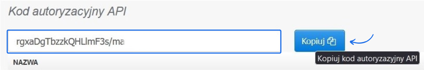 Widok na pole z kodem autoryzacyjnym API w aplikacji Fiskator z przyciskiem do skopiowania kodu.