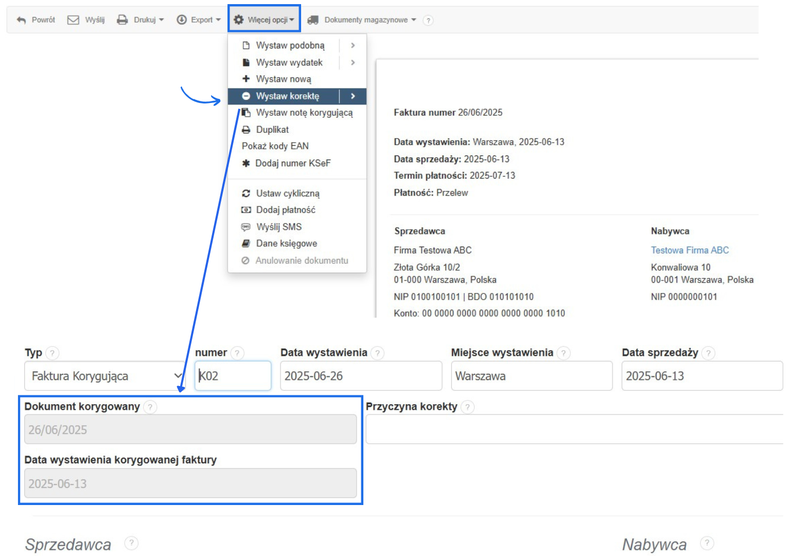 Formularz wystawiania korekty faktury numer 4/04/2025 w systemie fakturowania online.