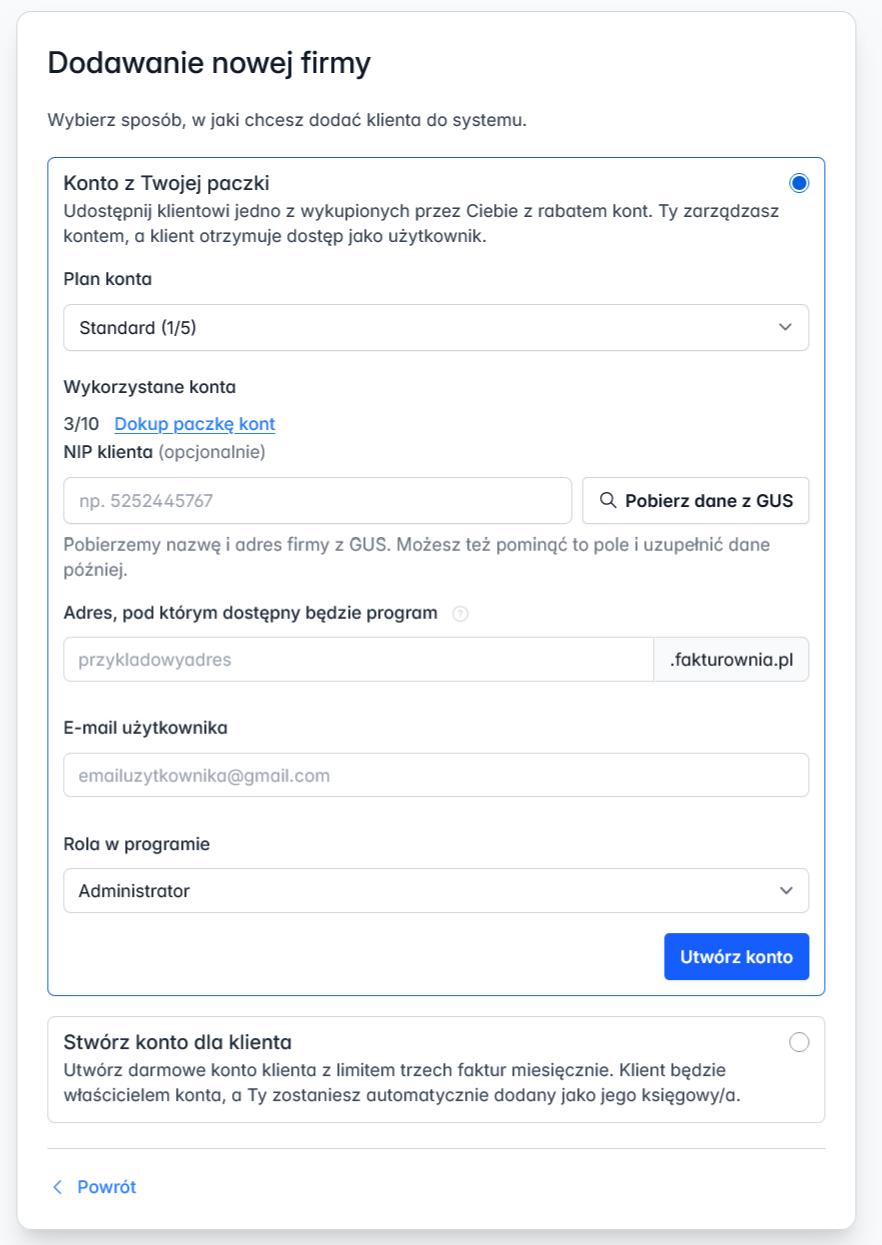 Formularz dodawania nowej firmy z polami dotyczącymi nazwy konta, adresu e-mail użytkownika i roli w systemie.
