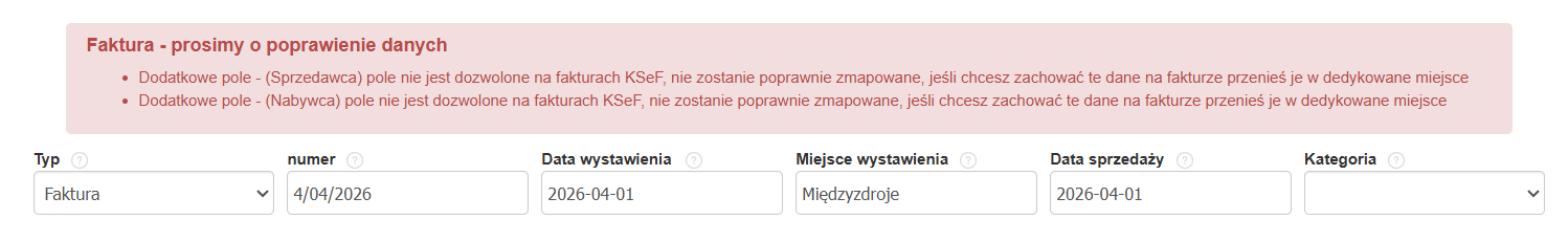 Komunikat błędu przy wystawianiu faktury - błędnie uzupełnione pola.