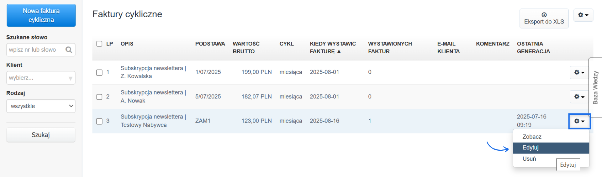 Lista cykli utworzonych w systemie do fakturowania online z dostępną opcję podglądu ustawień cyklu oraz edycji.