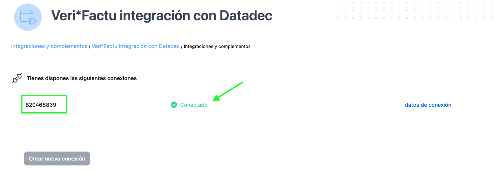 Ventana de conexiones en BitFactura mostrando el NIF con estado Conectado en verde