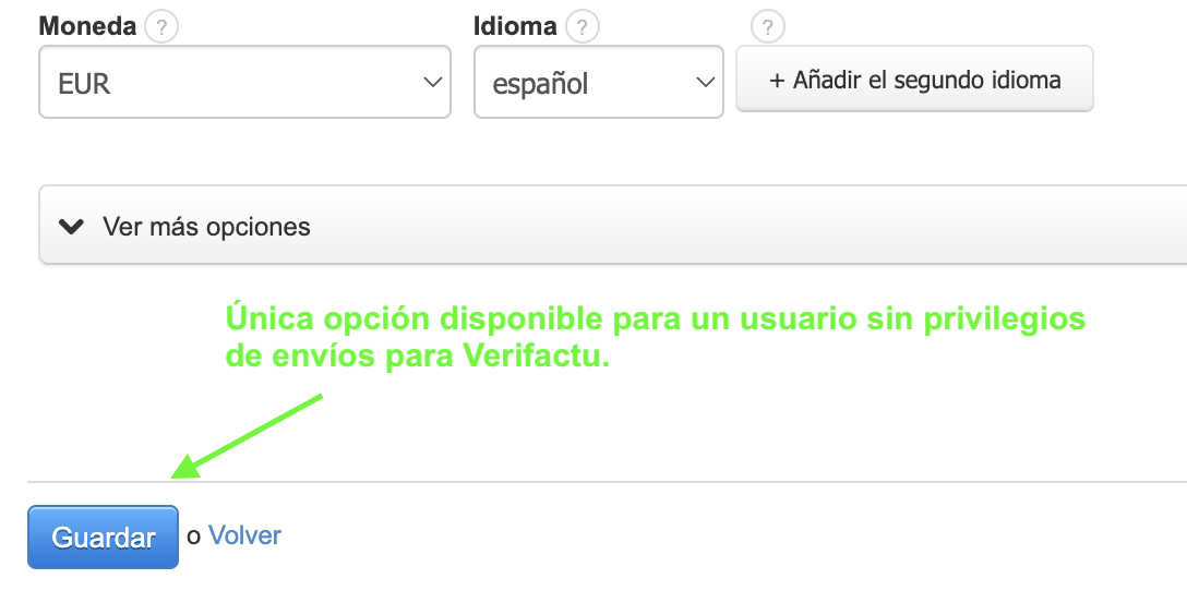 Formulario de factura con botón Guardar para usuario sin privilegios VERIFACTU