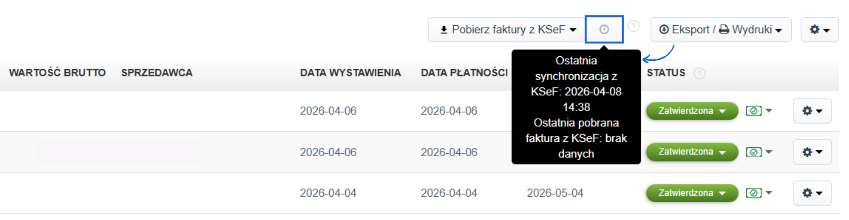 Komunikat o ostatniej synchronizacji z KSeF oraz ostatnim pobranym wydatku.