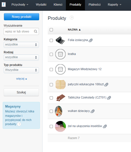 Lista produktów do faktury w systemie Fakturownia, m.in. tabliczka czekolady, folia izolacyjna i żel na ukąszenia.