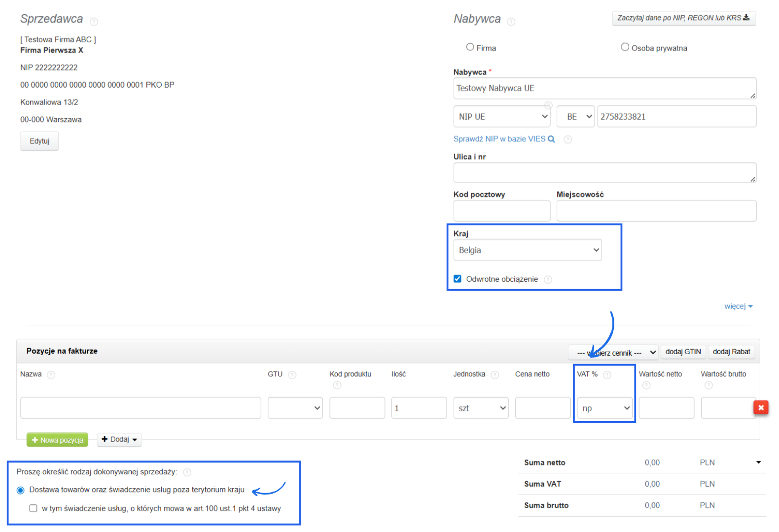 Formularz faktury z zaznaczoną opcją odwrotnego obciążenia i wskazaniem dostawy towarów lub usług poza terytorium kraju.