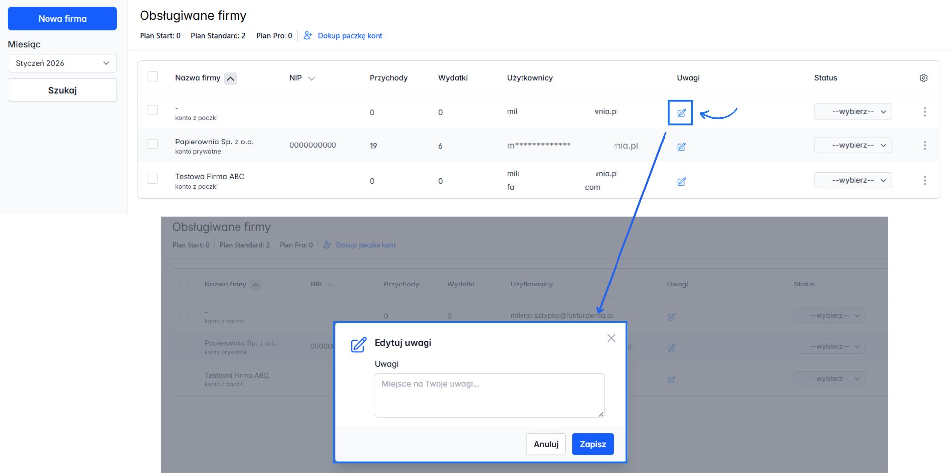 Lista obsługiwanych firm z kolumną uwagi i opcją edycji uwag dla danej firmy.