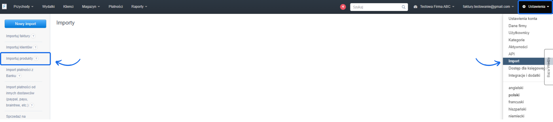 Zrzut ekranu przedstawiający menu importu w systemie fakturowania, z zaznaczoną opcją 'Importuj produkty' po lewej i sekcją ustawień importu w prawym górnym rogu.