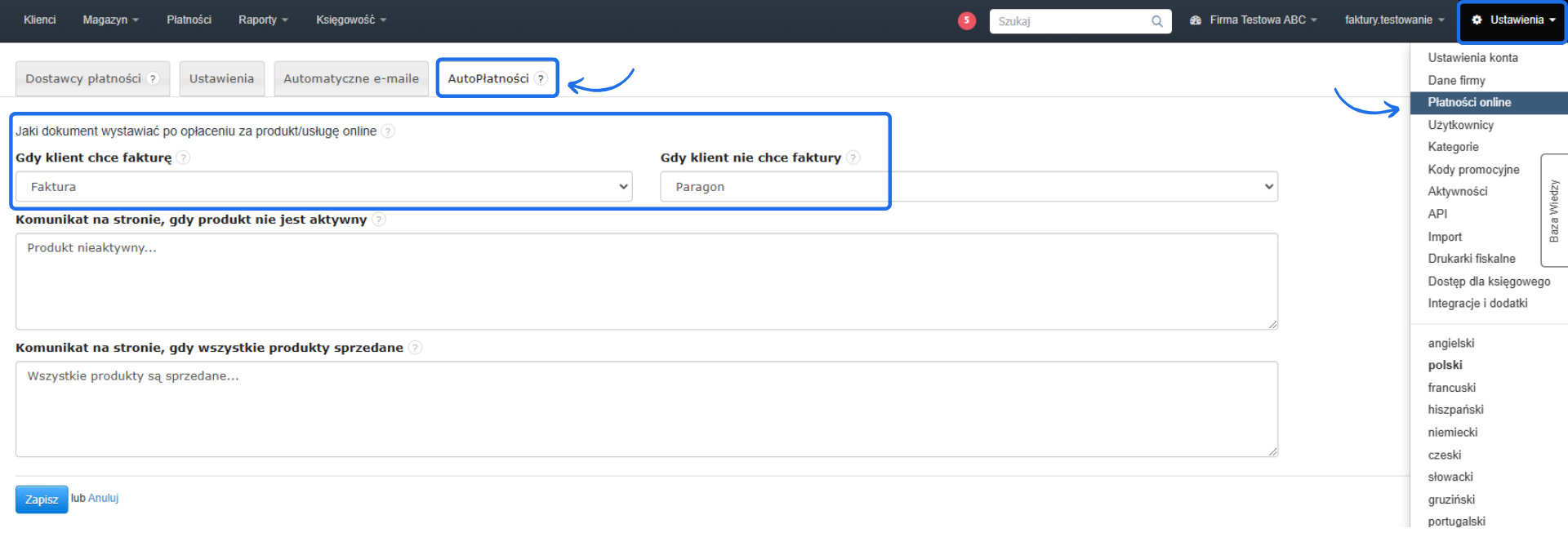 Konfiguracja AutoPłatności w systemie sprzedaży online z ustawieniami dla faktur, paragonów i komunikatów dla klientów.
