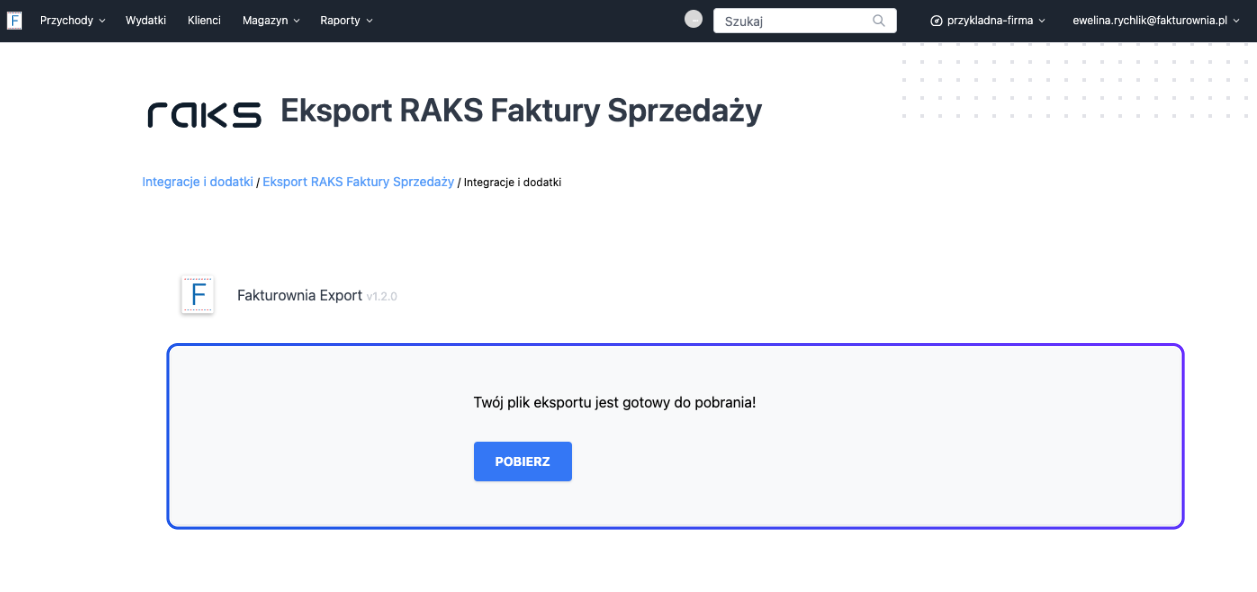 Strona eksportu faktur sprzedaży do RAKS w Fakturowni z gotowym plikiem do pobrania