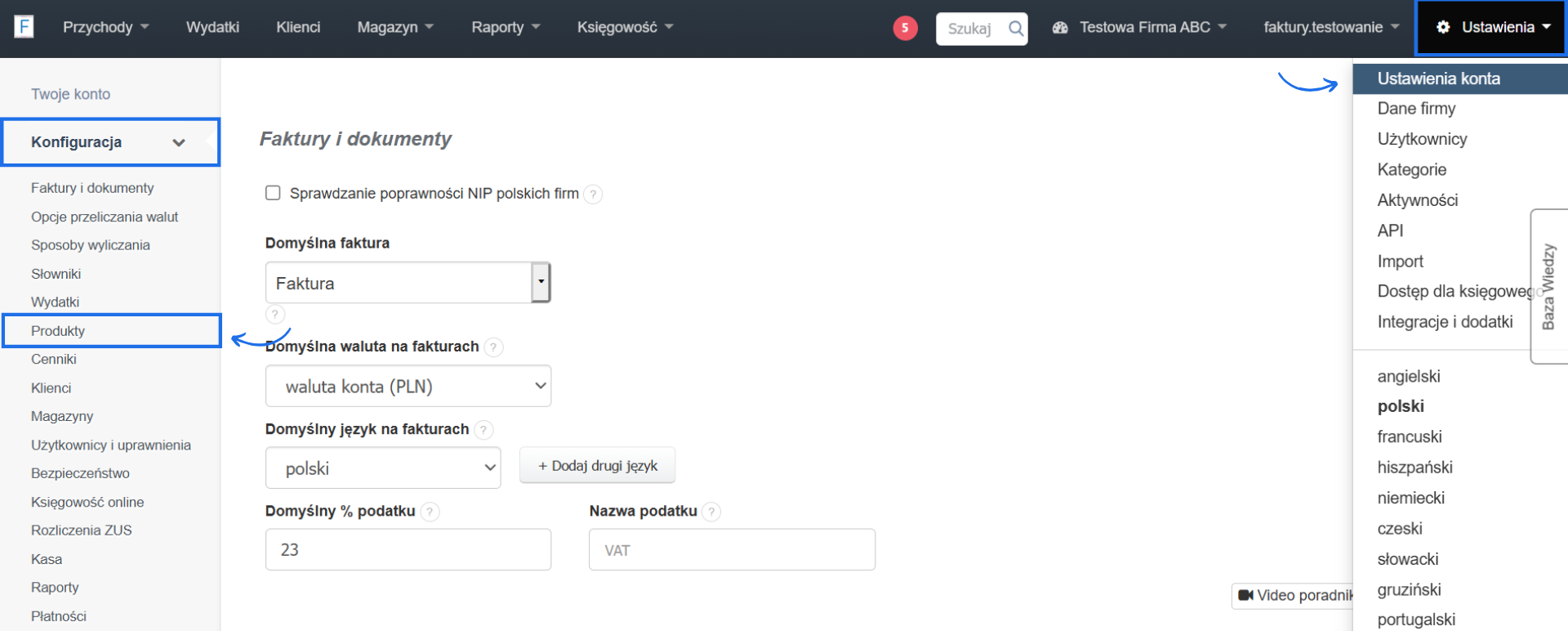 Ustawienia konta w systemie do fakturowania online z opcją magazynu i aktywną konfiguracją ustawień dla produktów.