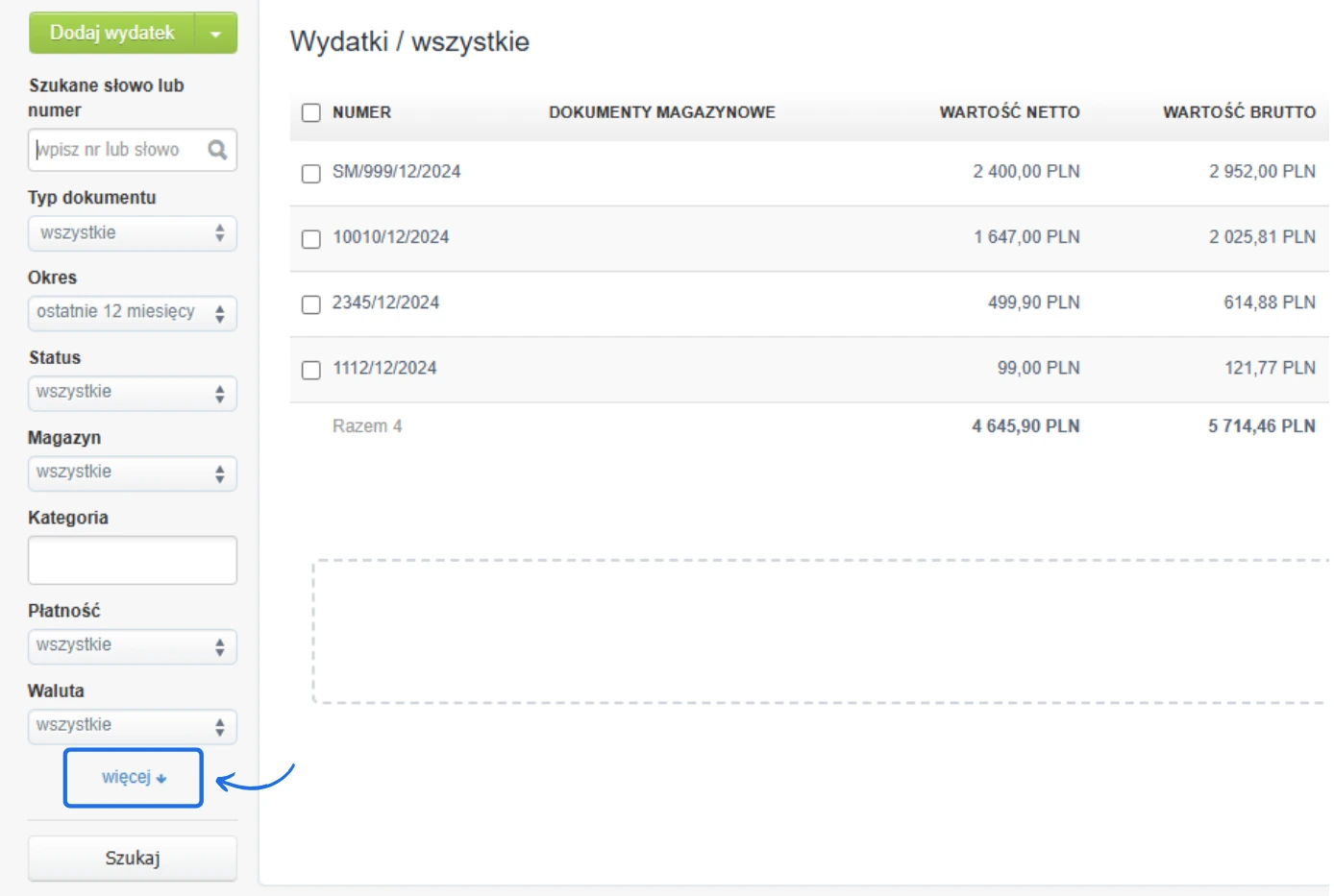 Panel wydatków w Fakturowni z filtrowaniem dokumentów, opcją 'więcej' do zaawansowanych ustawień i listą wydatków za ostatnie 12 miesięcy.