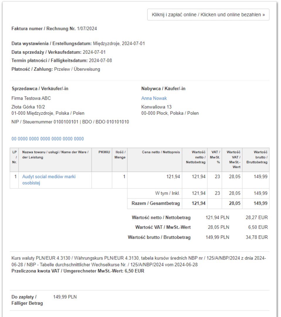Faktura w dwóch językach, polskim i niemieckim, z audytem social mediów marki osobistej, wartościami netto, VAT i brutto, oraz przeliczeniem na EUR.