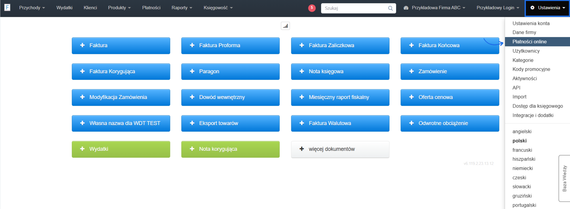 Panel Fakturowni umożliwiający konfigurację płatności online i wystawianie dokumentów.