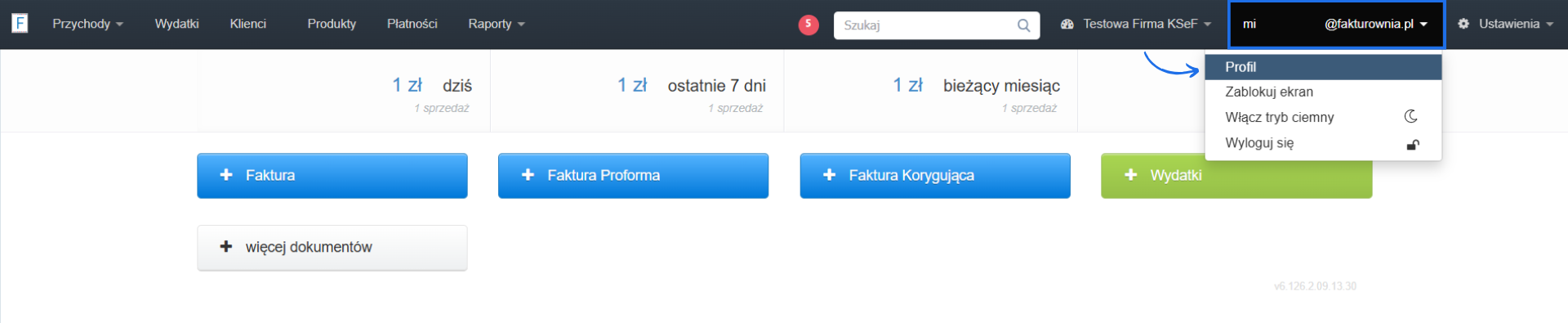 Strona główna konta w systemie Fakturownia z aktywną opcją profil, statystykami konta i przyciskami do wystawiania dokumentów.