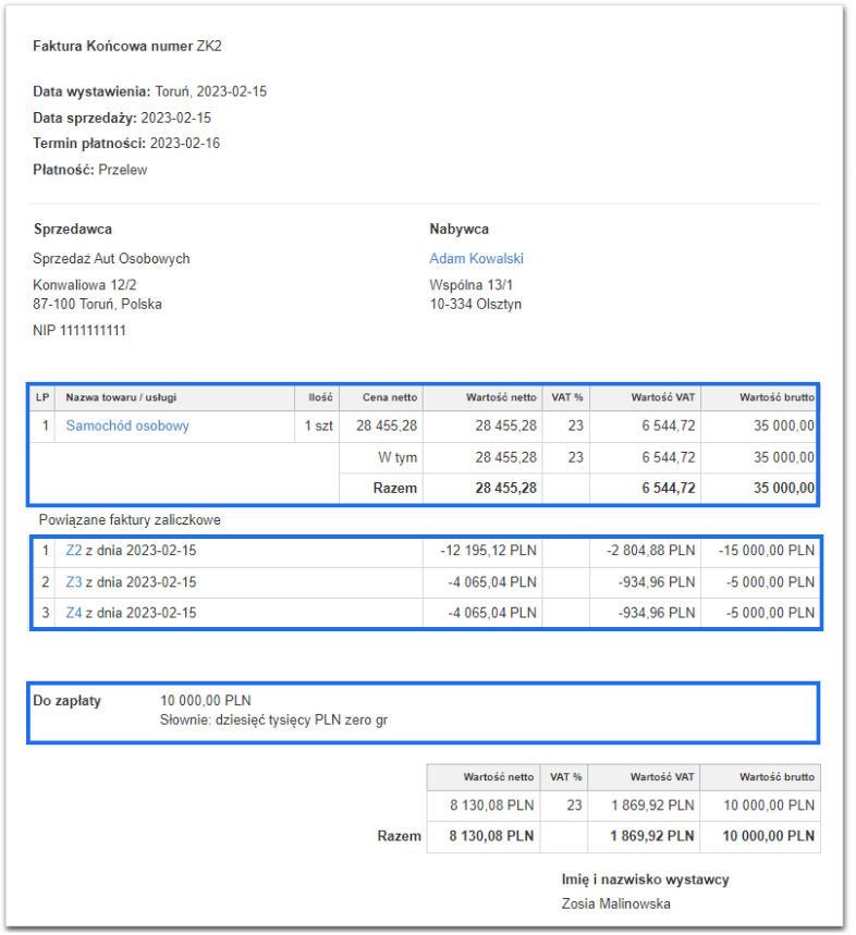 Faktura końcowa numer ZK2 z pozycją 'Samochód osobowy' i trzema powiązanymi fakturami zaliczkowymi Z2, Z3, Z4 na kwoty 15 000, 5 000, 5 000 PLN.