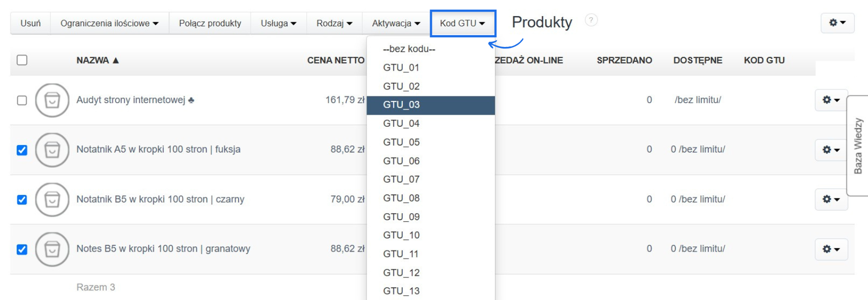 Zrzut ekranu z systemu Fakturownia, pokazujący wybór kodu GTU dla produktów, w tym notatników, w kolumnie "Kod GTU".