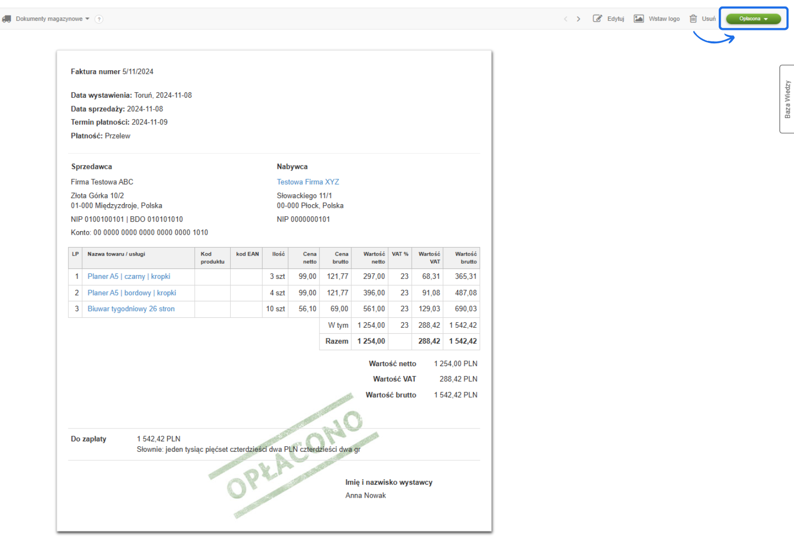 Faktura numer 5/11/2024 z danymi sprzedawcy i nabywcy, listą produktów, stawką VAT 23%, oraz pieczęcią 'opłacono' na kwotę 1 542,42 PLN.
