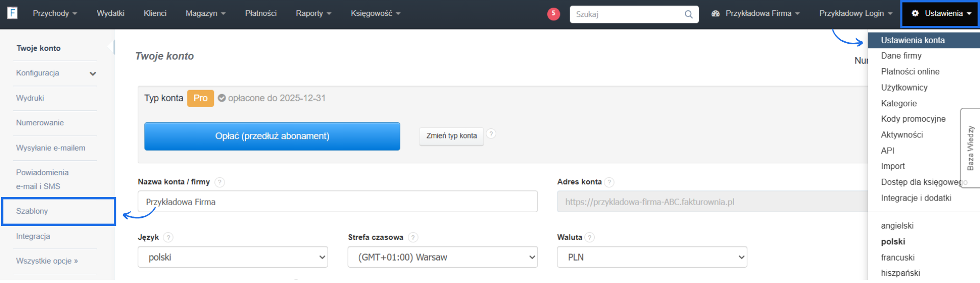 Ustawienia konta w systemie Fakturownia z aktywną zakładką szablony i podstawowymi informacjami odnośnie nazwy konta i aktywnego abonamentu.