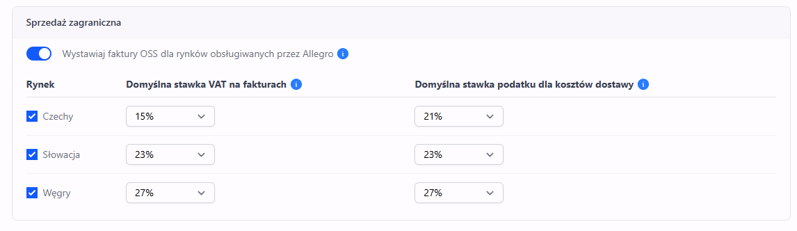 Ustawienia faktur OSS dla rynków czeskiego, słowackiego i węgierskiego obsługiwanych przez Allegro z możliwością wyboru domyślnej stawki VAT na fakturach i stawki dostawy.