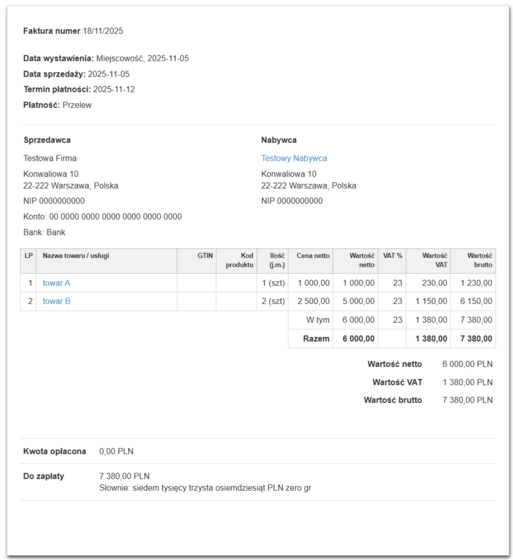 Przykładowa faktura sprzedażowa dla testowego Nabywcy z przykładowymi produktami w systemie Fakturownia.