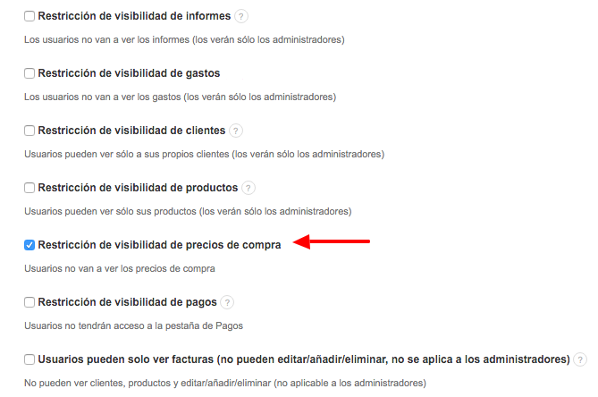 restricción de visibilidad de precios de compra