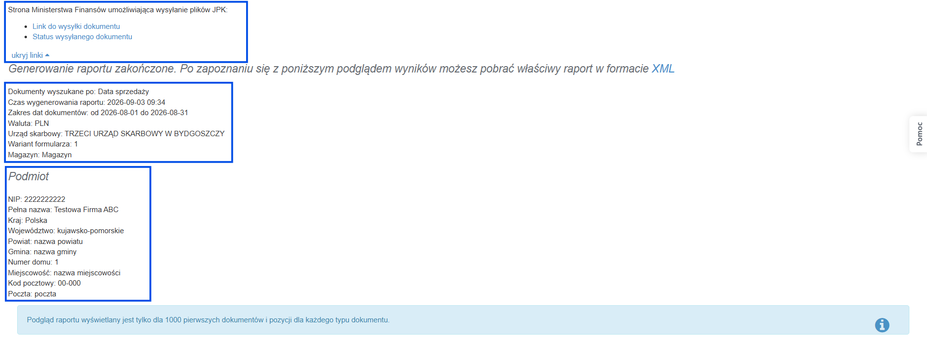 Dane wygenerowania raportu ze szczegółami podmiotu i linkami do wysyłki pliku JPK.