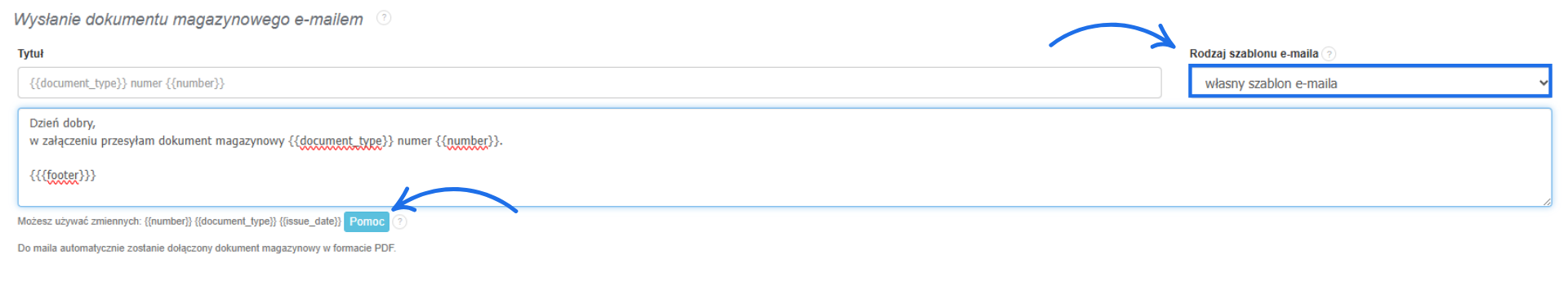 Własny szablon e-maila do wysyłki dokumentu magazynowego z dynamicznymi zmiennymi i stopką