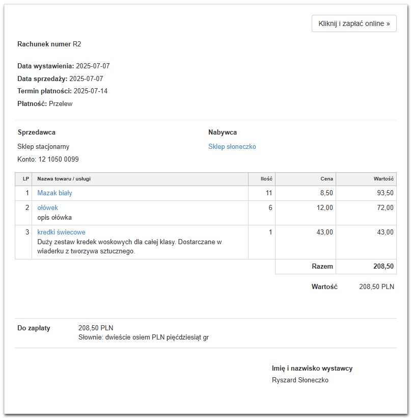 Rachunek wygenerowany na podstawie dokumentu proforma za mazaki, ołówki i kredki z datą wystawienia 07.07.2025 i kwotą do zapłaty 208,50 PLN