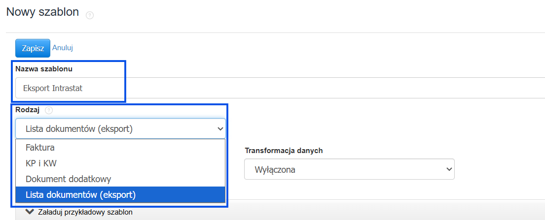 Formularz tworzenia własnego szablonu eksportu dla raportowania Intrastat.