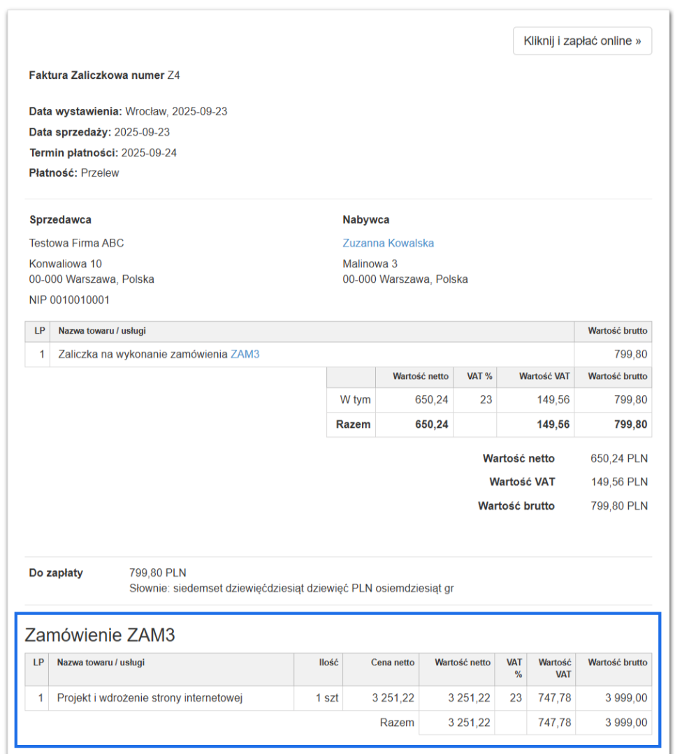 Przykład faktury zaliczkowej z informacją o powiązanym zamówieniu.